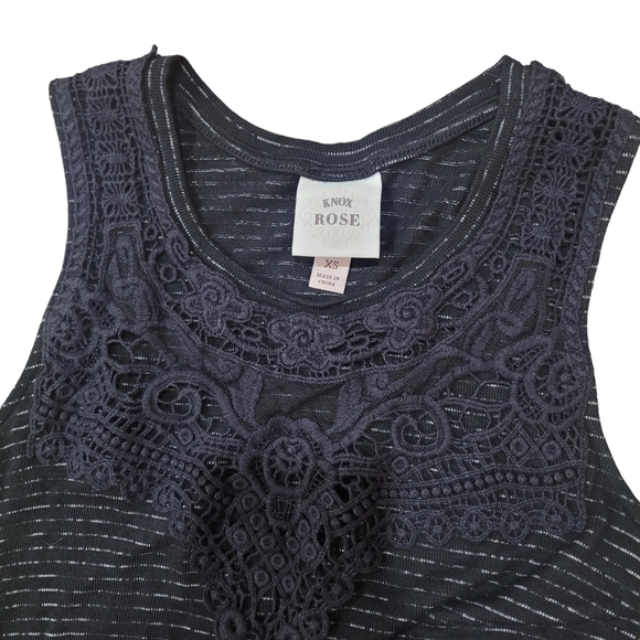 Knox Rose Womens Black Striped Sleeveless Knit Top X Small Crochet Front Boho - Picture 3 of 3